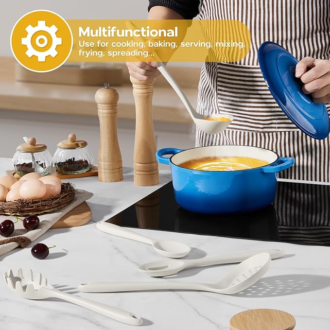 Onader Kitchen Cooking Utensils Set of 10, Silicone Utensils Set for Cooking, Includes Non Toxic Turner Spoon Spatula Whisk Pasta Server - White