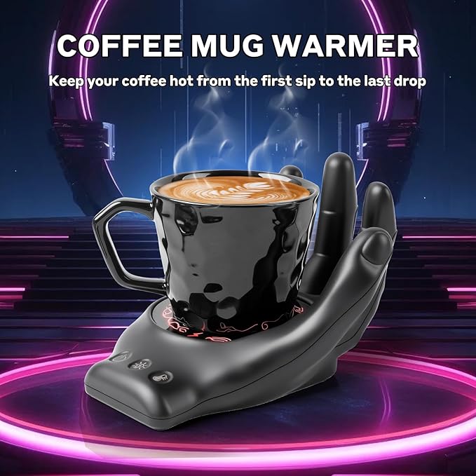 Devil's Hand Heating Mug Warmer & Mug Set - 3 Temp Settings & 8H Timer, Coffee Cup Warmer Plate for Desk Auto Shut Off, Ideal Beverage Warmer Gift for Coffee, Tea, Milk (Black)