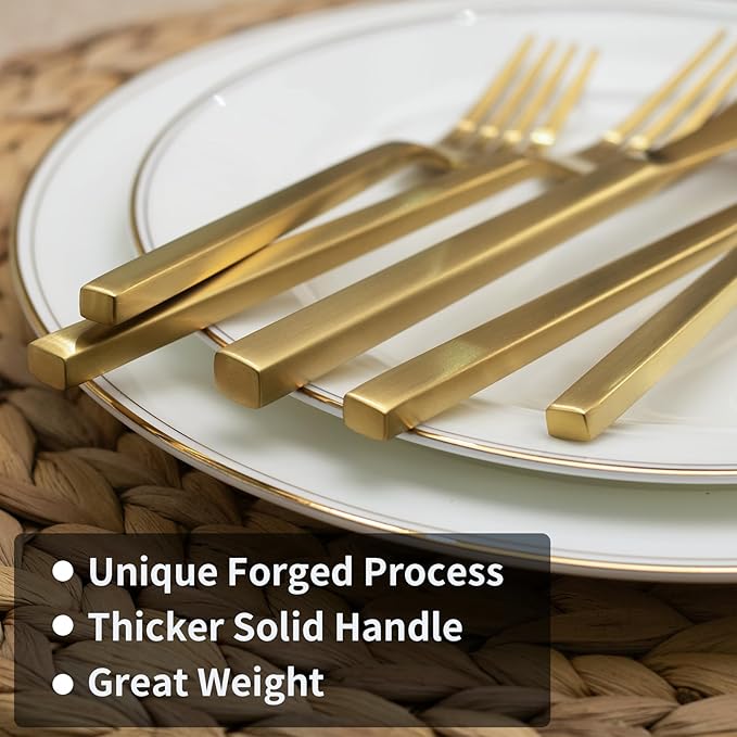 Alata Cube Matte Gold 40-Piece Flatware Set, Forged Cutlery Set, Service for 8, Stainless Steel Tableware with Square Handle for Home/Restaurant, Dishwasher Safe