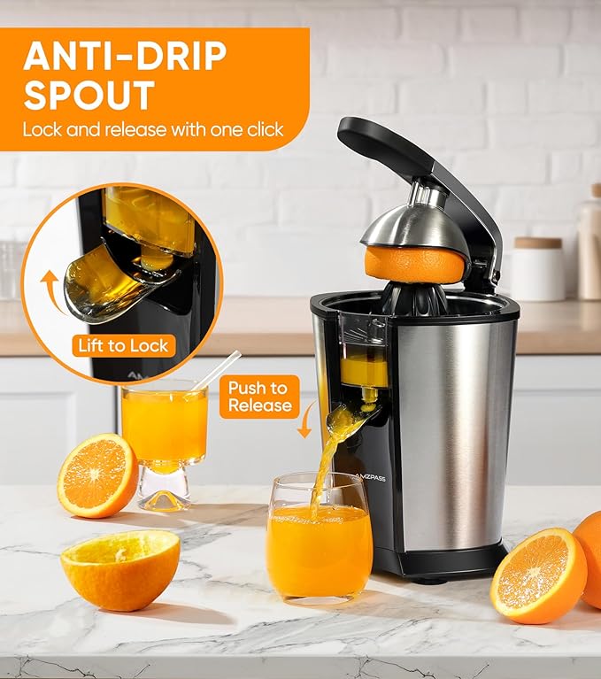 Electric Orange Juicer, Citrus Juicer Squeezer with 2 Cones and Soft Grip Handle for Effortless Juicing, Stainless Steel Quiet Orange Juice Extractor Machines for Lime Grapefruit Lemon