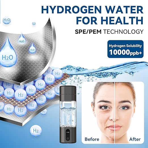 Hydrogen Water Bottle Generator, Portable Rechargeable Ionizer Machine with SPE/PEM Technology, Certified H2 Athletic Hydration, Health Care Gift for Family/Friends/Husband/Wife (Black, 208ml)
