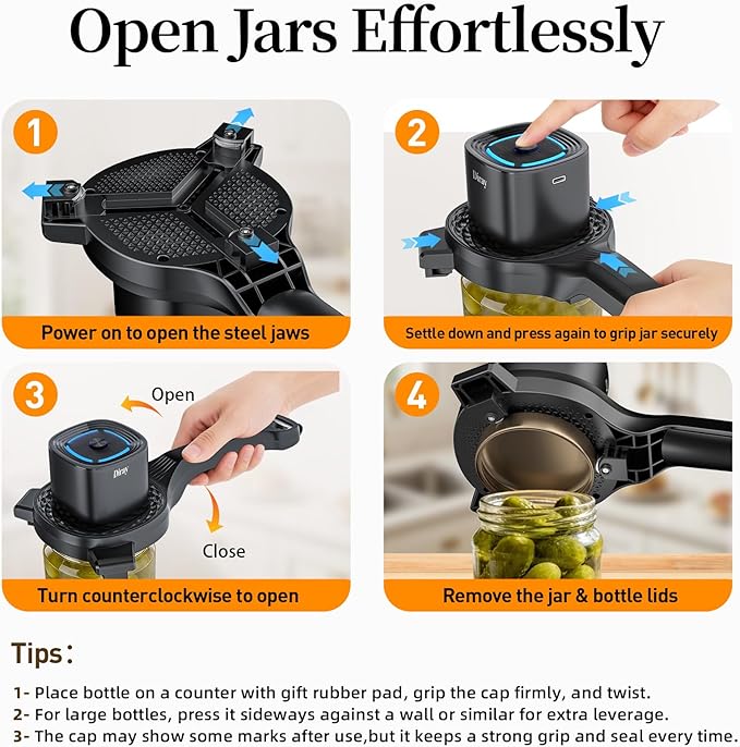 Electric Jar Opener with Power-Clamp Technology: Auto-Tighten & Manual Twist for Easy Opening, 2-in-1 Jar and Bottle Opener for Weak Hands & Seniors & Arthritis, Includes Free Rubber Gripper Pad
