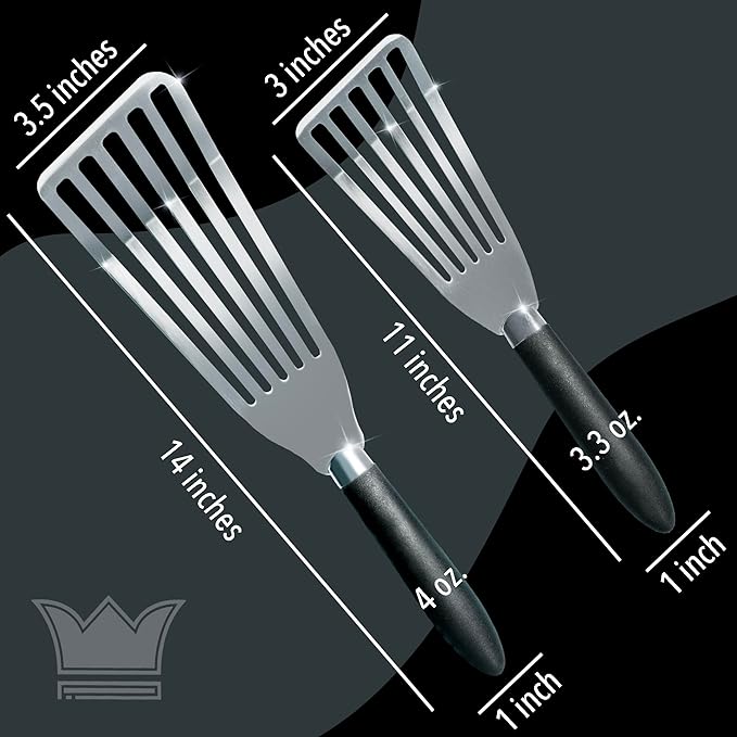 Professional Fish Spatula Stainless Steel Set - 1 Large + 1 Small stainless steel spatula - mirror polished spatulas with heat resistant ergonomic handles - fish turner for Flipping, Frying & Grilling