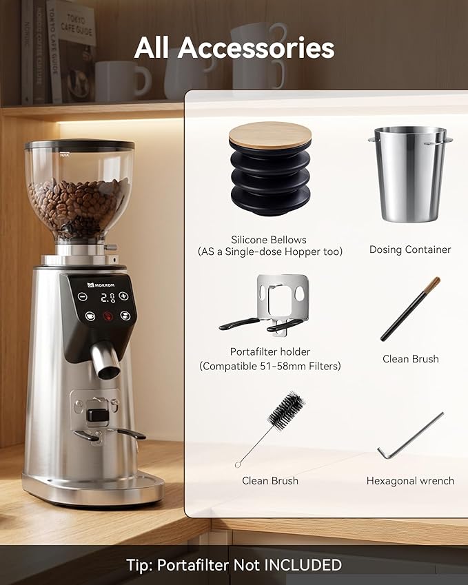 MOKKOM Professional 64mm Plated Flat Burr Coffee Grinder with 100 Grind Settings, All-Metal Stainless Steel Body, Coffee Bean Grinder with Adjustable Electronic Timer, Anti-Static, LED Display