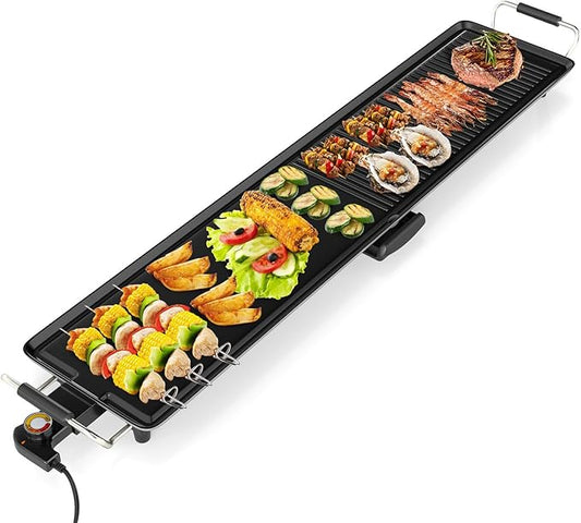 LDAILY 39.5’’ Extra Large Nonstick Electric Griddle, Teppanyaki Grill BBQ W/ 4 Adjustable Temperature, Even Heating & Handles, Long Table Top Pancake Griddle Grill for Indoor & Outdoor Party, Camping