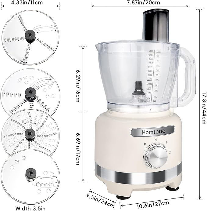 Homtone 16-Cup Food Processor, Heavy-Duty 9-Function Appliance with 7 Blades & 3 Speeds for Dough Kneading, Meat Chopping, Slicing, Shredding & Making French Fries, 600W (White)