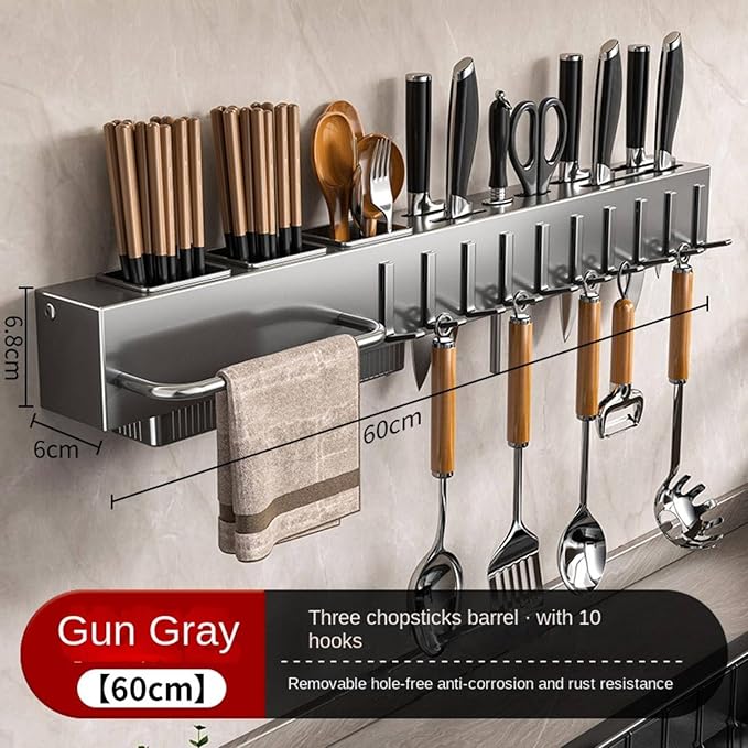 New Multi-Functional Kitchen Rack Home Wall-Mounted Knives Chopstick and Spoon Storage Rack Punch-Free cookware draining Rack