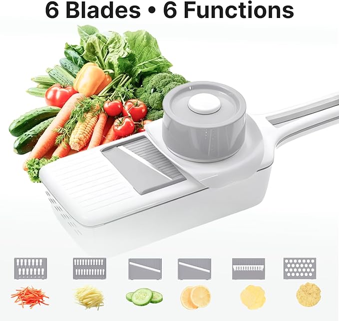 Multifunctional Handheld Mandoline Slicer for Kitchen with Drain Box – 6 Interchangeable Blades, Safety Guard, Vegetable/Cucumber Slicer for Salad Meal Prep, Easy to Clean, Compact Storage