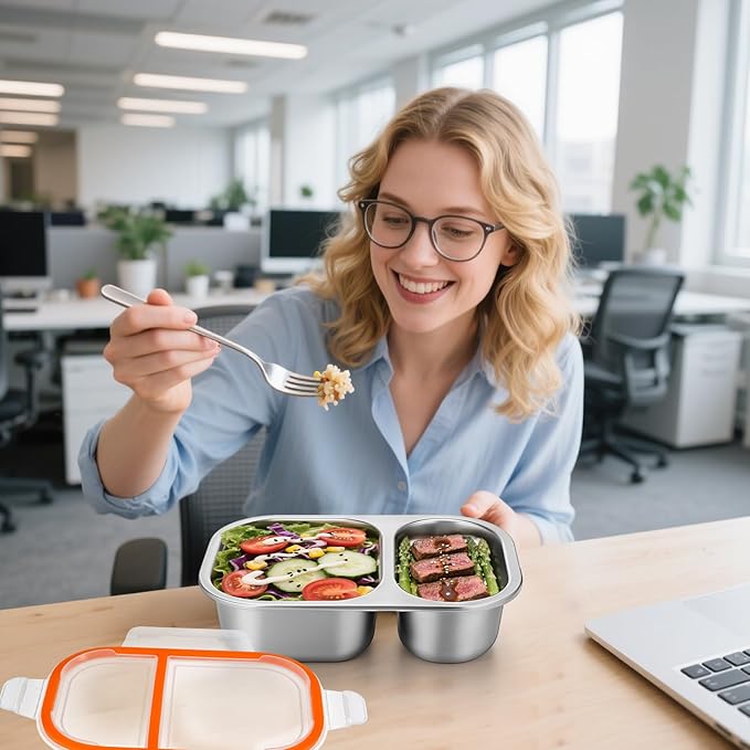 Palksky Lunch Containers Meal Prep Containers Stainless Steel, 2 Compartment Food Storage Containers with Leak-Proof Lids, Reusable Airtight Bento lunch Boxes, Kitchen Storage, Freezer (3 Packs)