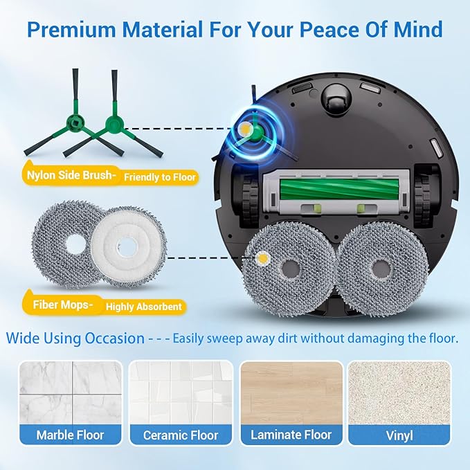 Plus 405 Combo Replacement Parts for Roomba Plus 405 Combo Plus 505 Combo Robot Vacuum Cleaner Parts with 2 Roller Brush, 4 HEAP, 6 Mops, 6 Dust Bags, 6 Side Brushes, 1 Clean Brush