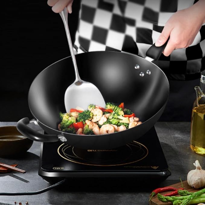 Carbon Steel Wok, Woks and Stir Fry Pans with Handle and Lid, Flat Bottom Chinese Stir Fry Wok, for Electric,Induction and Gas Stoves,Iron