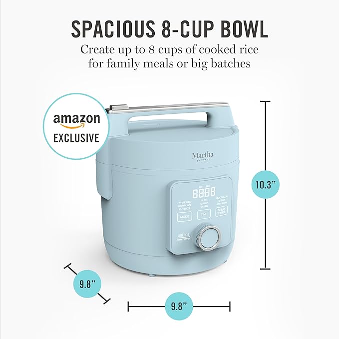 Martha Stewart Rice Cooker, 4 Cup (Uncooked) / 8 Cup (Cooked), Ceramic Non-Stick Removable Pot, Keep Warm, Measure Markings, Steam Basket, Brown & Sushi Rice, Quick Cook, Quinoa, Grains, Oats, Sky Blue