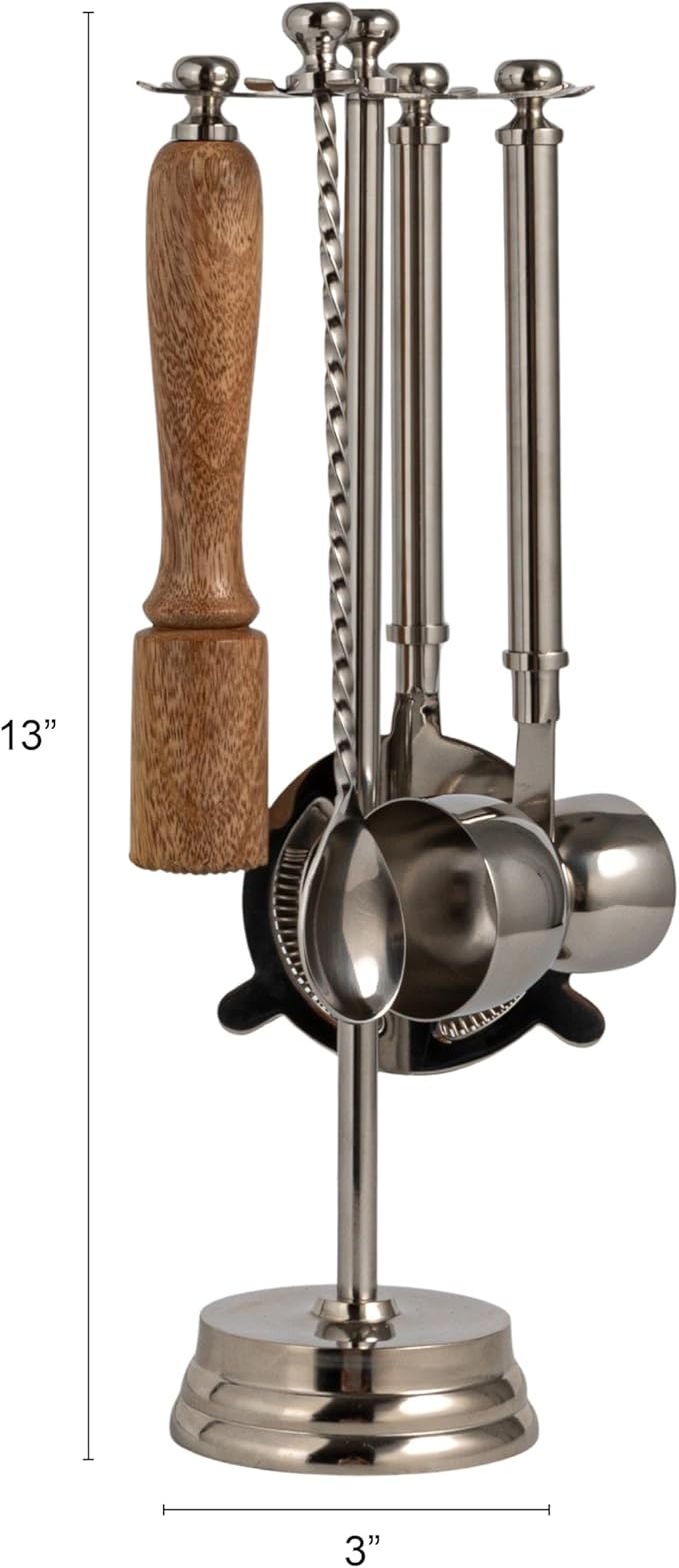Creative Co-Op 5-Piece Stainless Steel and Mango Wood Bar Tools with Stand, Nickel Finish and Natural