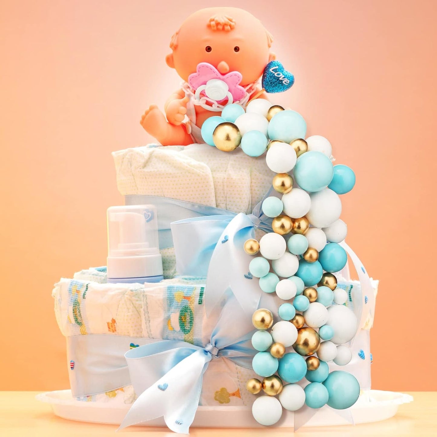 108 Pcs Balls Cake Topper DIY Cupcake Insert Foam Balloons for Cake Baking Wedding Anniversary Birthday Decoration(Blue, White, Gold,Multi Sizes)