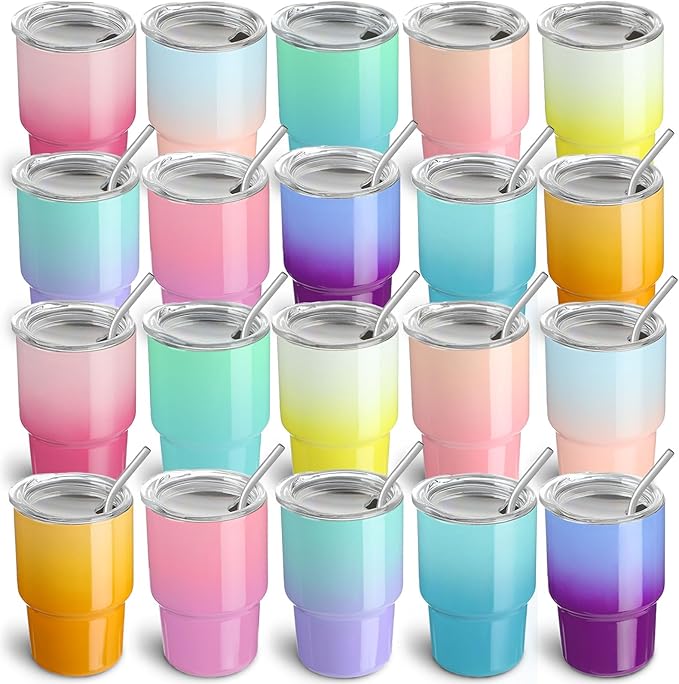 20 Pack 3 oz Gradient Mini Tumbler Shot Glass with Straw and Lid,Sublimation Shot Glasses Stainless Steel Vacuum Insulated Mini Tumblers Cups Gifts for Wedding Cocktail Party