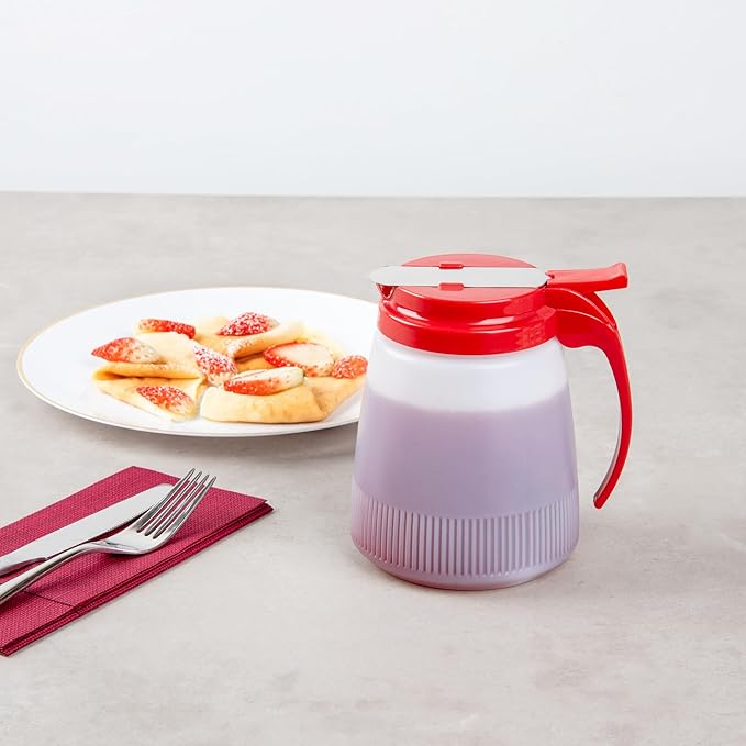 Restaurantware-Chef 101 32 Ounce All Purpose Syrup Dispenser, 1 Honey Dispenser - Red Top, Stainless Steel Slide Cover, Plastic Pancake Syrup Bottle, Perfect For Diners, Restaurants, Home