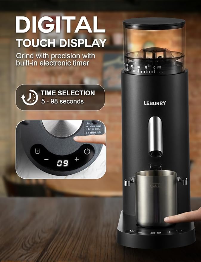 Burr Coffee Grinder – Portable Coffee Bean Grinder with 60 Grind Settings, LCD Timer, 51 & 58mm Portafilter Compatible - Rechargeable Electric Espresso Grinders for Home, Office & Travel