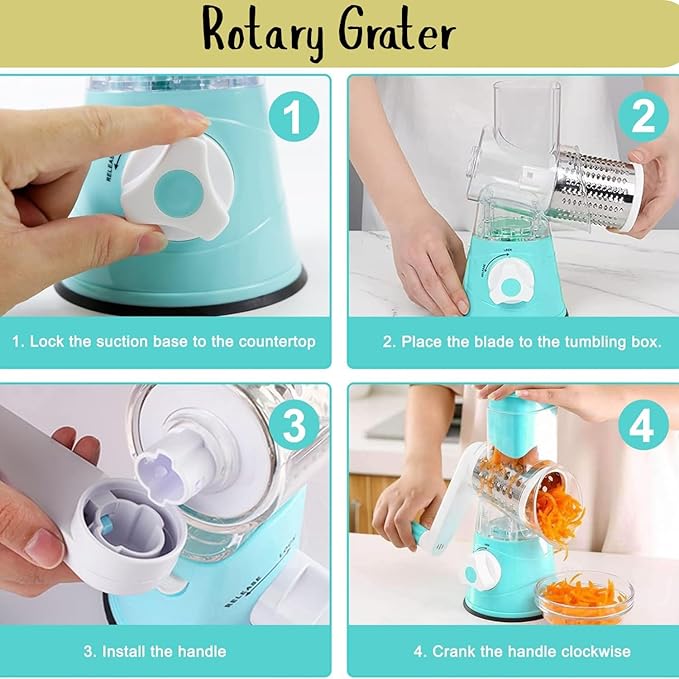 Rotary Cheese Grater, Kitchen Grater Vegetable Slicer with 3 Drum Blades, Manual Vegetable Slicer & Shredder for Vegetables and Nuts – Strong Suction Base & Stainless Steel Blades
