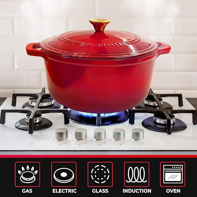 MUELLER HOME 7.5 QT Enameled Cast Iron Dutch Oven, Heavy-Duty Casserole Dish and Braiser Pan with Lid and Stainless Knob, Oven-Safe up to 500° F & Across All Cooktops, Red