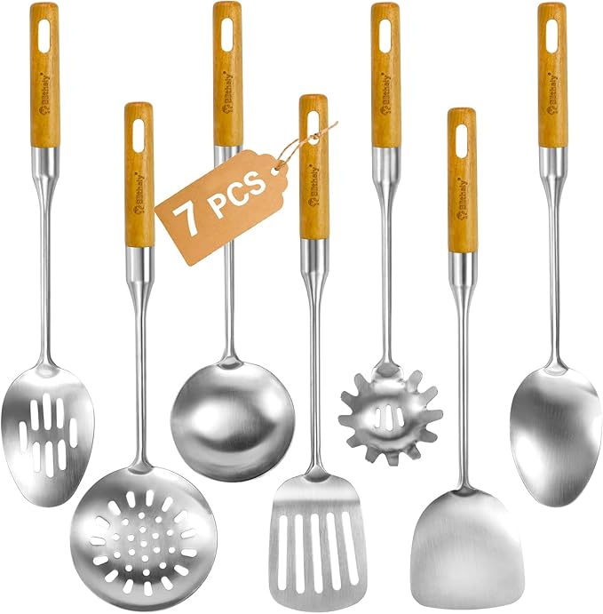 Large Stainless Steel Kitchen Utensils Set, 7 Pcs Cooking Utensils Set with Wooden Handle, Heat Resistant Spatula Tools Set for Cooking, Food Grade Utensils Sets with Turners Spoon Ladle Pasta Fork