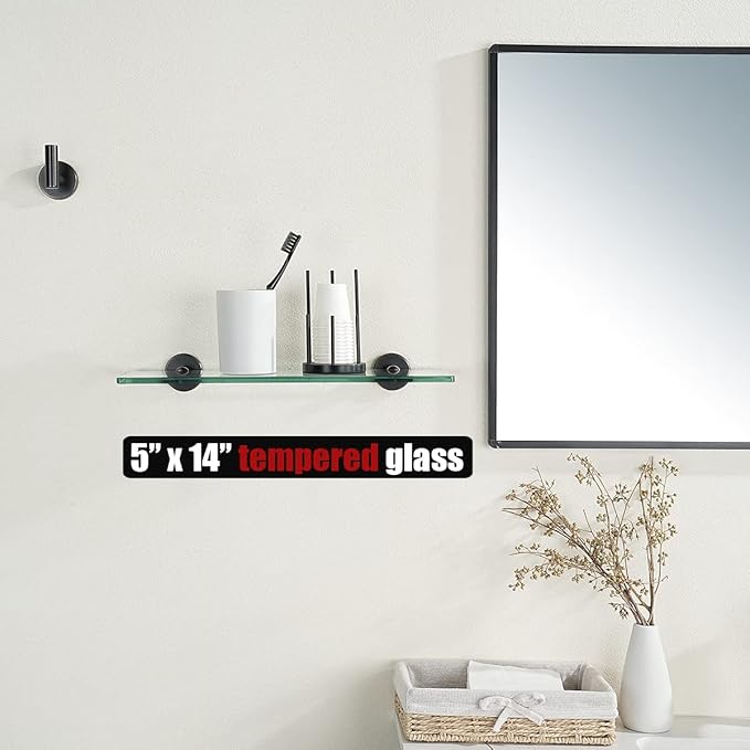 JQK Bathroom Glass Shelf Oil Rubbed Bronze, Tempered Glass Shower Storage 14 by 5 inches, 304 Stainless Steel ORB Wall Mount, TGS101L14-ORB
