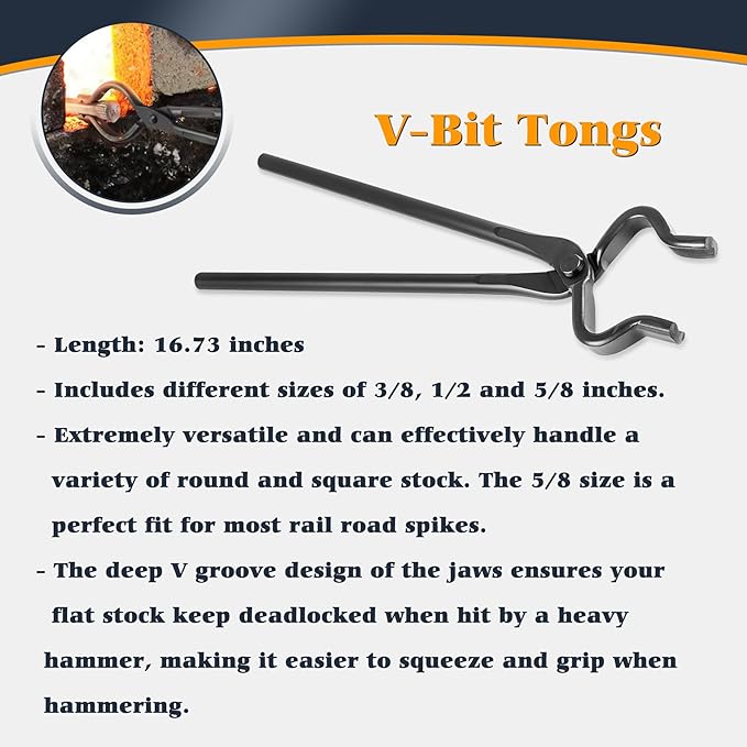 Blacksmith Knife Making Tongs Set - 3/8" 1/2" 5/8" V-Bit, 1/4 Flat Jaw, Pick Up, Scroll - Assembled Blacksmithing Bladesmith Steel Forge Tongs (6PCS)