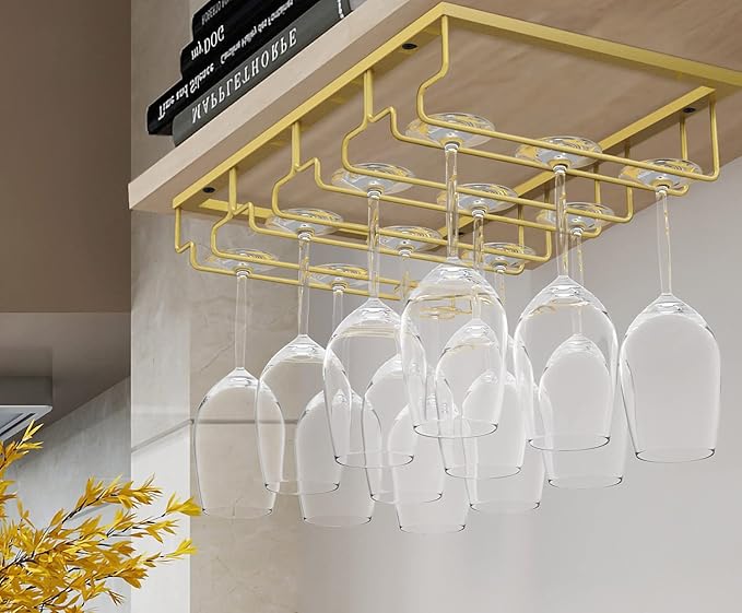 Nuovoware Wine Glass Rack, 4 Rows Wine Glass Holder Storage Hanger Metal Organizer Under Cabinet Stemware Rack for Bar Kitchen Cabinet, Nano Golden
