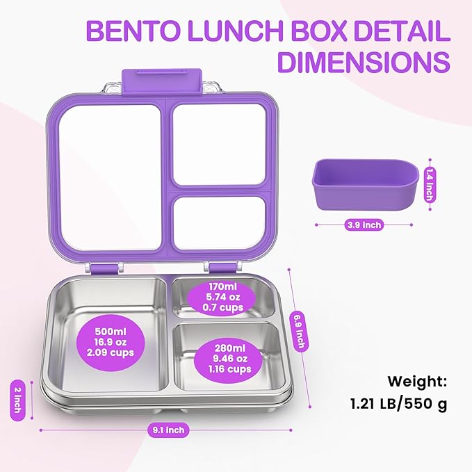 BABHAMNESS Stainless Steel Bento Lunch Box for Kids Adults, 3 Compartments Metal Bento Box with Transparent Lid & Silicone Container for Kids,Dishwasher-Safe,School & Travel,BPA-Free(Purple)