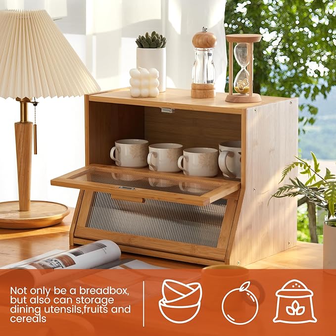 GHWIE Double Layer Bamboo Bread Box for Kitchen Counter,Large Capacity Bread Storage Bin,Bread Container with Acrylic Wavy Door Panel (Natural, Medium)