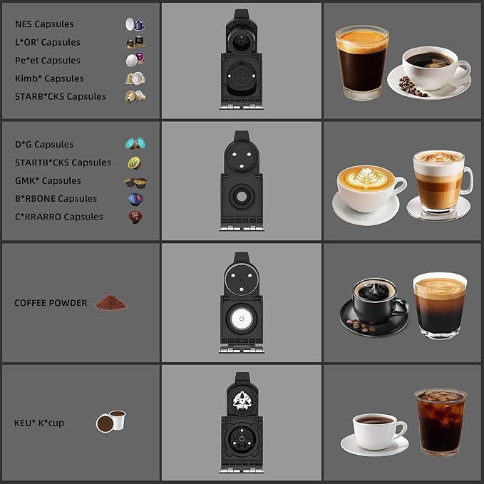 ST-550 4-in-1 Espresso Capsule Coffee Machine, Single Serve Coffee Maker for K*Cup/Nespresso/Dolce Gusto/Ground Coffee, 19Bar, 1L, Silver