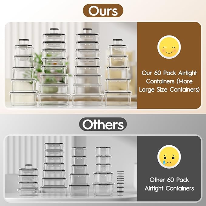 60 PCS Food Storage Containers with Lids Airtight (30 Containers & 30 Lids), 100% Leak Proof Meal Prep Container for Kitchen, BPA-Free Plastic(Polypropylene5), Microwave/Dishwasher Safe, Labels & Pen