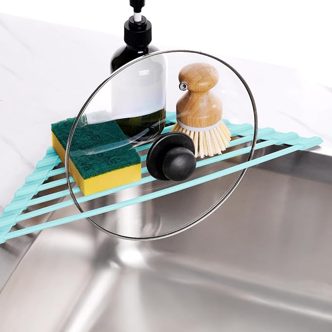Tomorotec Compact Silicone-Coated Triangle Dish Drying Rack for Sink Corner - Foldable Stainless Steel Over-The-Sink Organizer and Storage Shelf (Mint Green)