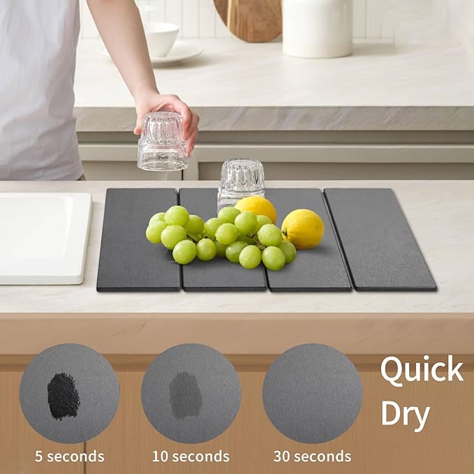 Stone Dish Drying Mat, Large Absorbent Diatomaceous Earth Drying Mat for Kitchen Counter, Foldable Fast Drying Non-Slip Bath Mat, Protects Countertops from Water & Stains (Grey)