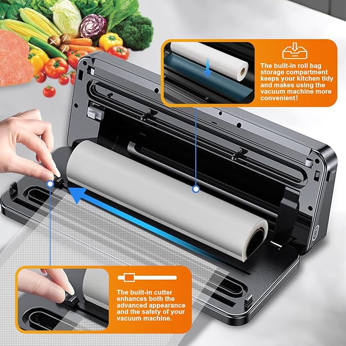 Vacuum Sealer Machine with UV-C Light, Includes Mason Jar Sealer Kit and 2 Bag Rolls, Digital Display & Built-in Cutter, Fully Automatic Dry & Moist Modes, Compact for Food Storage and Sous Vide