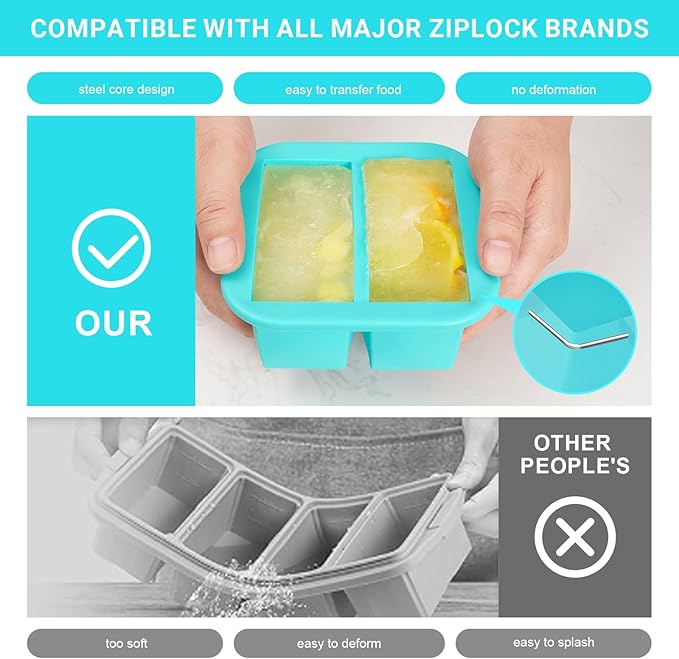 Silicone Freezer Tray with Lid 2 Pack Silicone Freezer Molds Ice Cube Tray Makes 4 Perfect 1 Cup Portions Soup Cubes Meal Prep Containers- Oven & Dishwasher Safe