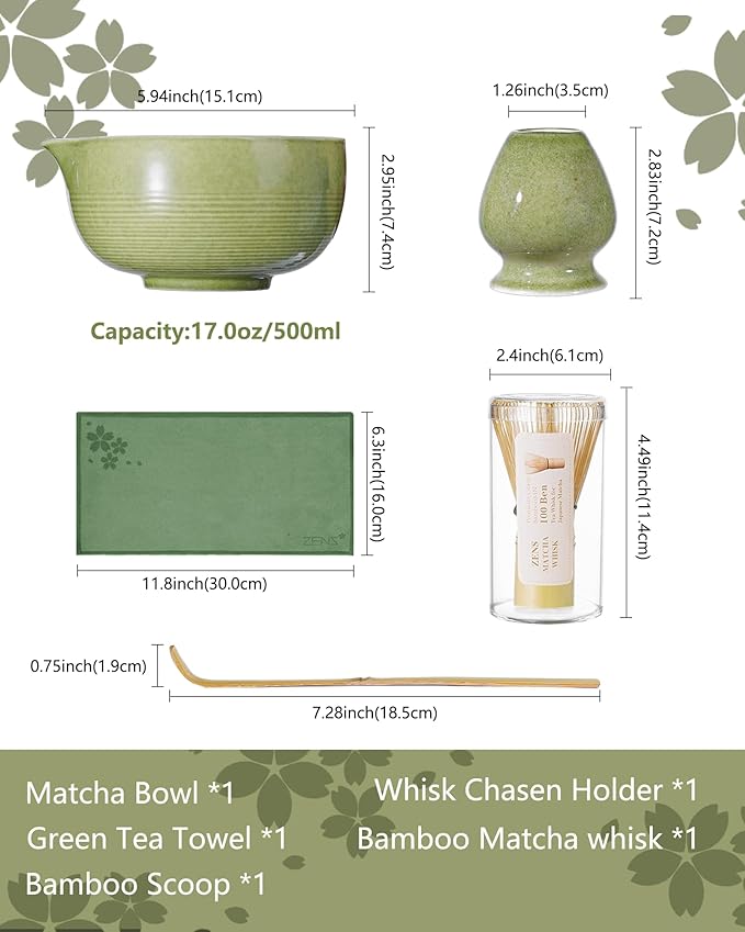 ZENS Matcha Whisk Set, 5pcs Matcha Kit Set Includes Ceramic Bowl, Handcrafted Bamboo Whisk and Chasen Holder, Scoop & Tea Mat, Matcha Tea Ceremony Gift for Matcha Lovers, Emerald Green
