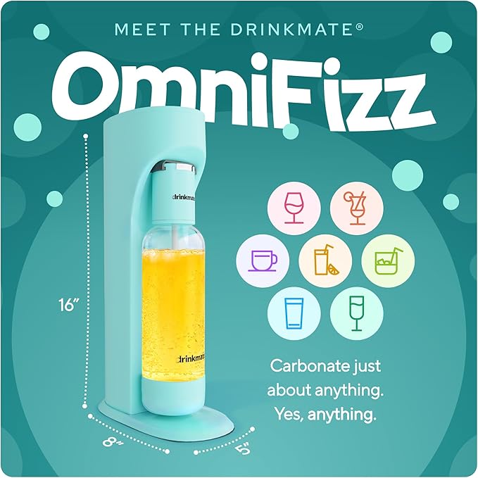Drinkmate OmniFizz Sparkling Water Maker & Soda Streaming Machine | Carbonates Any Drink | STARTER KIT | Includes One 60L CO2 Cartridge + One BPA-Free Bottle (Arctic Blue)