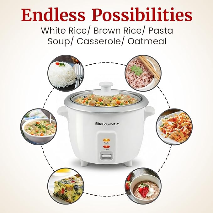 Elite Gourmet ERC-003X Electric Rice Cooker with Automatic Keep Warm Makes Soups, Stews, Grains, Hot Cereals, 6 Cups Cooked (3 Cups Uncooked), White