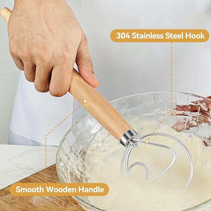 Danish Dough Whisk Dutch Bread Mixer Stainless Steel Hook Wooden Handle Baking Tools for Sourdough Pizza Pastry Cake Batter Making