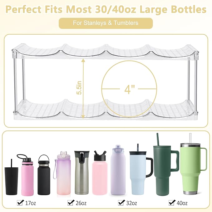 Stackable Water Bottle Organizer for Cabinet - Acrylic Tumbler Organizer Storage Rack for Stanley 40oz, Stanley Cup Holder, Pantry Kitchen Organizers and Storage for Stanley Cup, Holds 12 Bottles