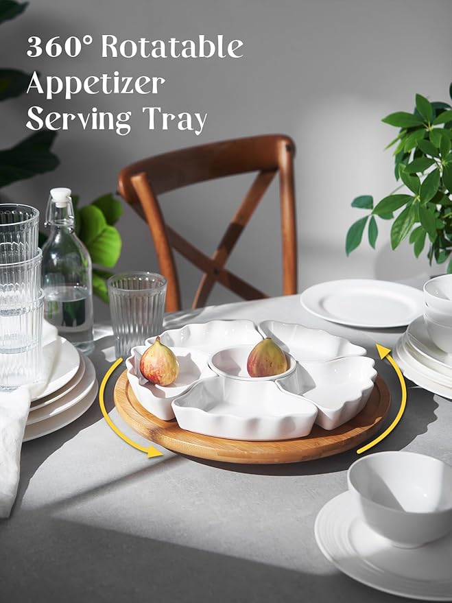 DOWAN 360° Rotatable Serving Tray and Platters, 12 Inch Divided Serving Bowls for Party, Kitchen Decor, Removable Serving Dishes for Chips and Dip, Fruit, Veggies, Candy and Snacks, 7 Pieces, White