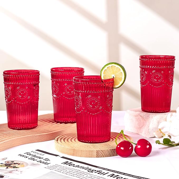Ciaell 12 Pack Romantic Plastic Water Glasses - 14 Oz Red Vintage Drinking Glasses, Embossed Ribbed Plastic Cups, Textured Striped Set for Juice, Beverages, Beer, Cocktail & Mother's Day