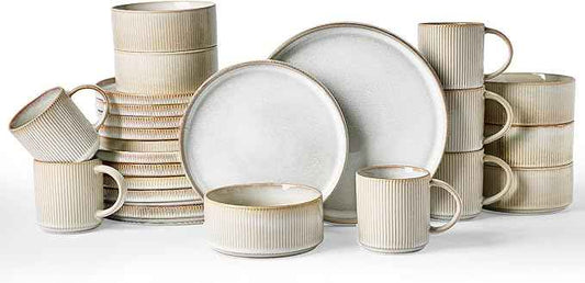 Famiware Star Dinnerware Set with Mugs, Service for 6 (24 Pieces), Ribbed Stoneware Plates and Bowls Dishes Sets - Chip & Scratch Resistant, Microwave & Dishwasher Safe, Cappuccino White