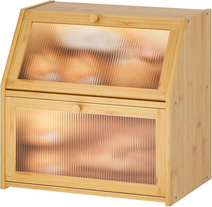 Extra Large Bread Box for Kitchen Counter, Bamboo Wood Double Layer Bread Box for Kitchen Counter, Wooden Capacity Bread Storage Bin