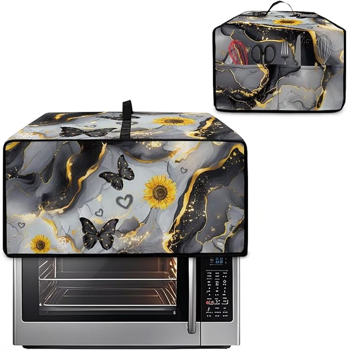 Convection Oven Cover Countertop Appliance Covers Stain-resistant Microwave Oven Protector for Kitchen Home Decor, S, Black Gray Gold Marble Butterfly Sunflower
