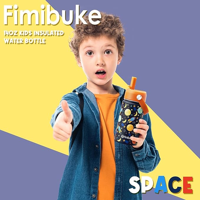 Fimibuke Kids Insulated Water Bottle, 14oz BPA FREE 18/8 Stainless Steel Travel Tumbler Double Wall Vacuum Leak Proof Kids Cup with Straw Metal Bottles for School Boys Girls (1 Pack, Green Dinosaur)
