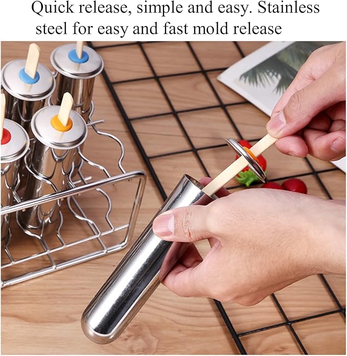 10Pcs Stainless Steel Popsicle Molds and Rack Ice Cream Popsicle Molds with 10 Round Ice Pop Makers + 100 Reusable Bamboo Sticks + 20 Bags + 1 Cleaning Brush + 1 Rack (Silver (Round))