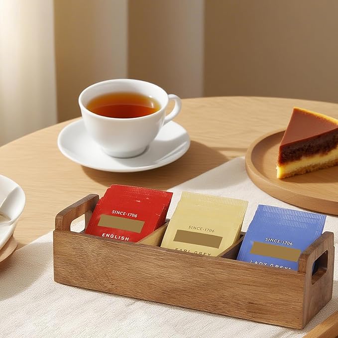HTB Small Tea Bag Box Wooden, 3 Compartments Acacia Wood Tea Bag Chest with Handle, Mini Countertop Divided Storage Container for Beverage Supplies, Sugar, Sweeteners, Individual Packets