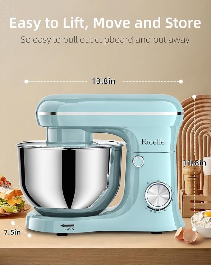 Tilt-Head Stand Mixer, 5QT+6QT Stainless Steel Two Bowls, 10 Speeds Kitchen Electric Food Mixer with Egg Whisk, Dough Hook, Beater, Dishwasher-Safe Attachment (Blue)