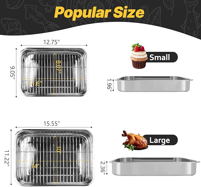 2 Pcs 12.7"15.5" Stainless Steel Roasting Pans with Handles, Baking Pan for Oven with 2 Pcs Flat Racks, Heavy Duty, Dishwasher Safe Rectangular Lasagna Pan with Handles for Turkey Chicken, Silver